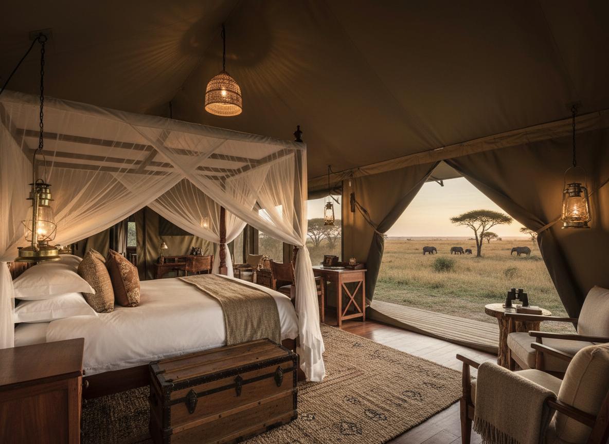 Luxury safari camp tent with savanna view