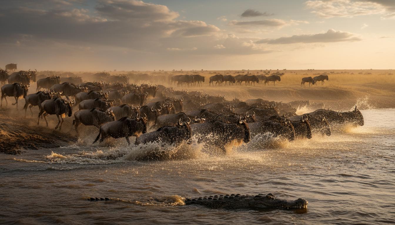 Wildebeest crossing in Maasai Mara Kenya