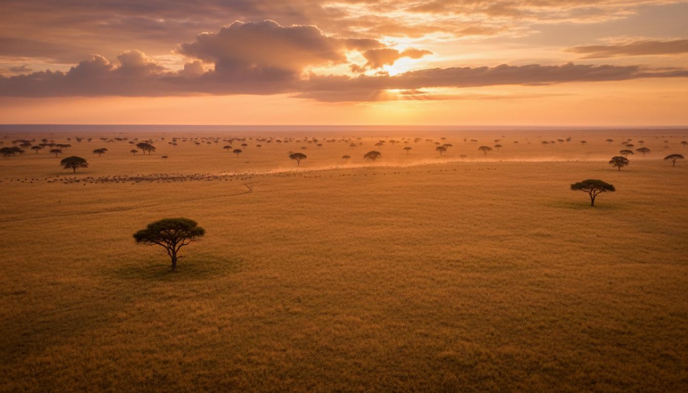 Maasai Mara savanna golden sunrise with acacia trees