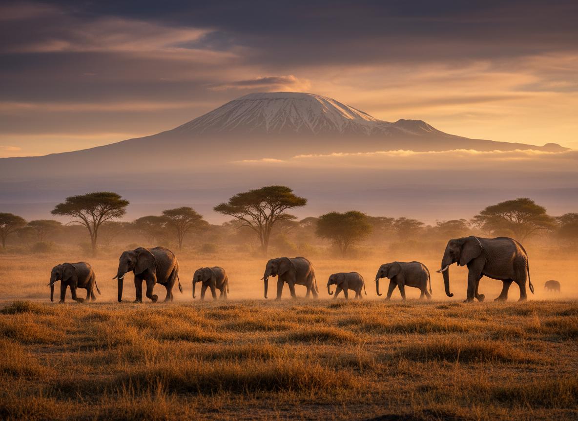 Elephants with Mount Kilimanjaro at Amboseli