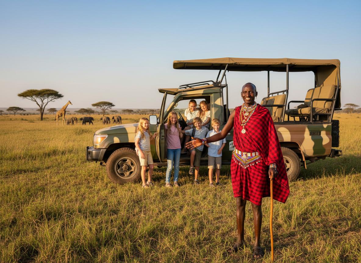 Maasai guide with tourists near safari vehicle