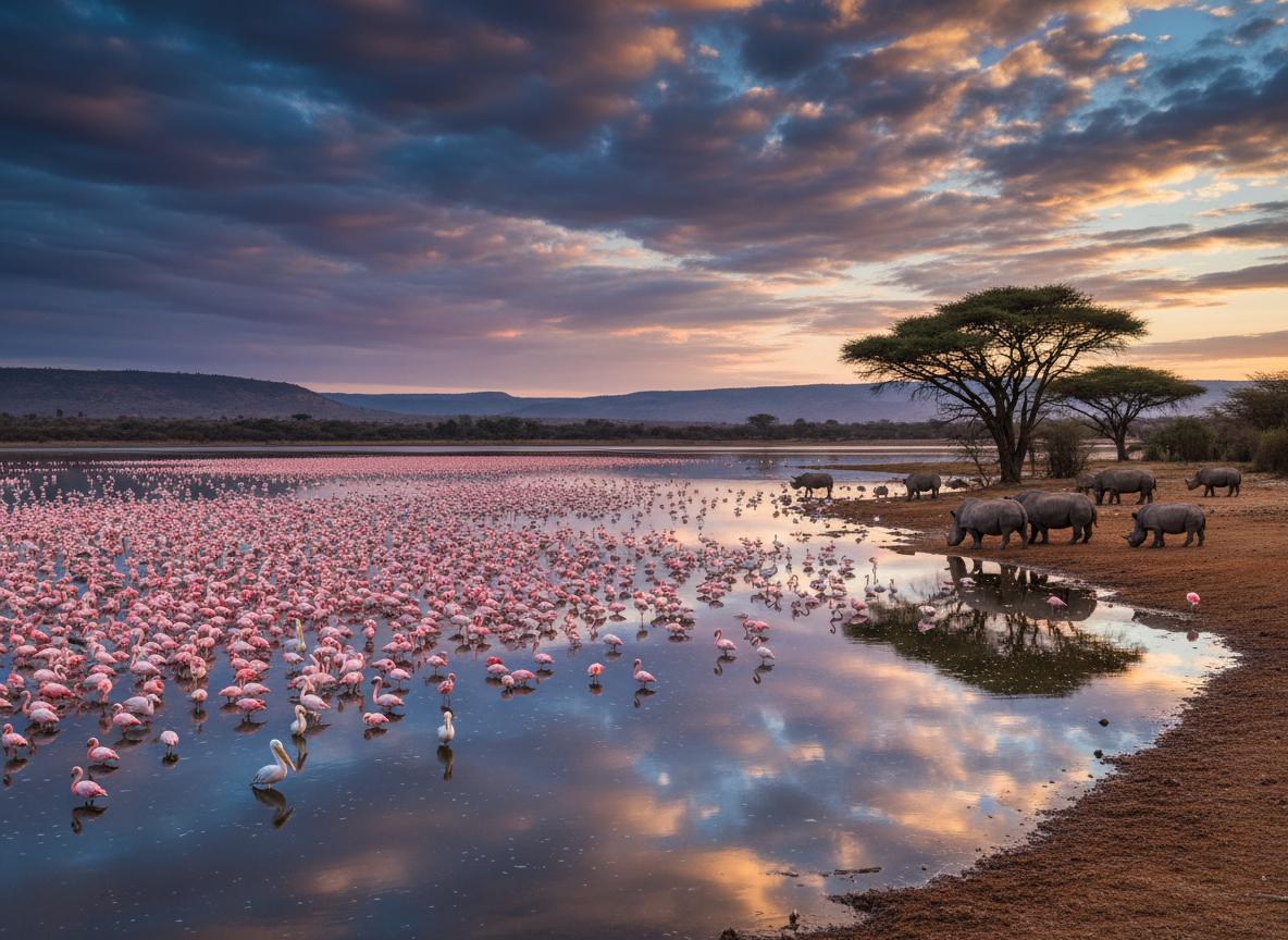 Pink flamingos at Lake Nakuru with rhinos