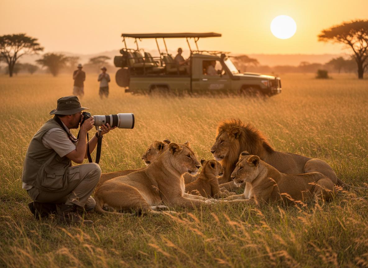 Wildlife photographer with lions in Maasai Mara