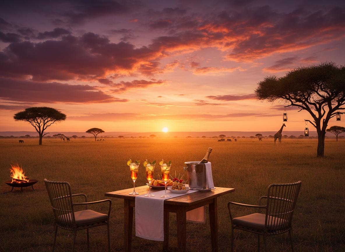 Sundowner drinks setup in Maasai Mara at sunset